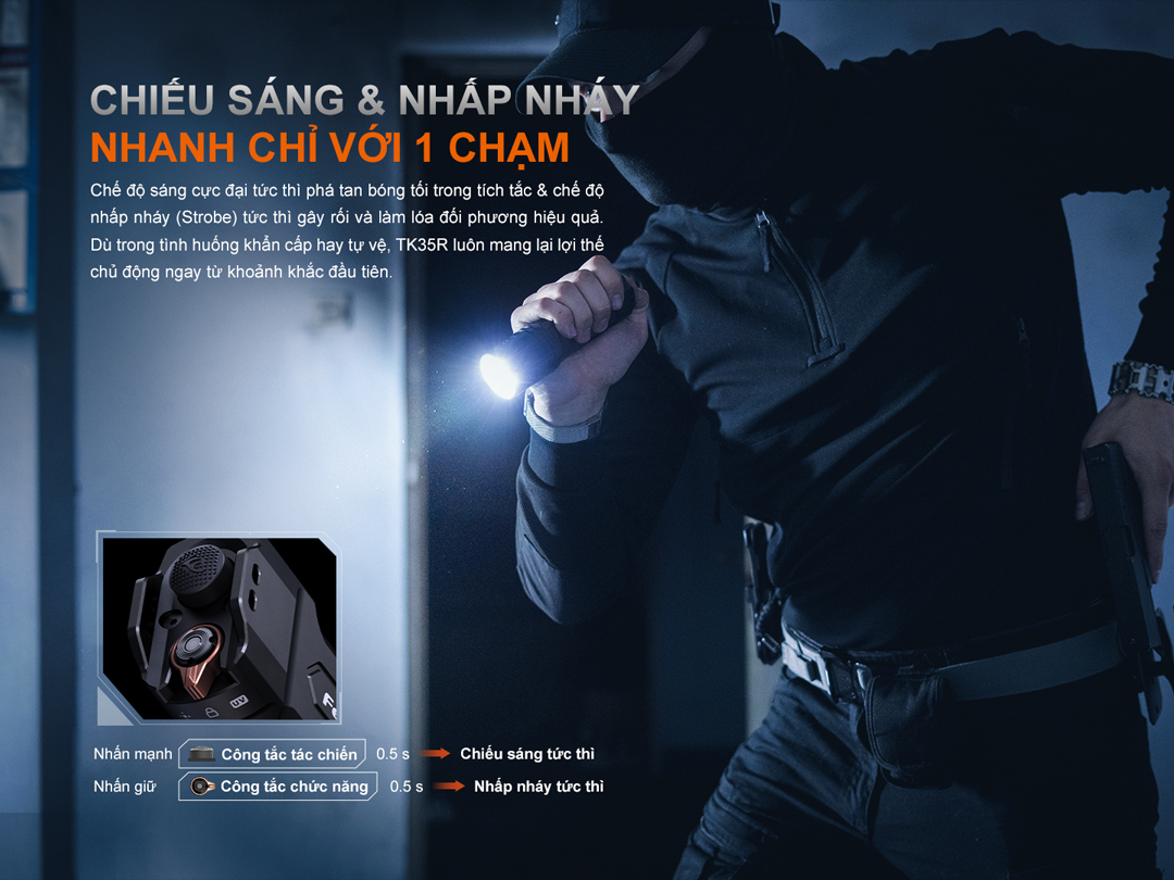 Fenix TK35R hỗ trợ kích hoạt chiếu sáng Turbo hoặc nhấp nháy Strobe cực nhanh chỉ với 1 thao tác – lý tưởng cho ứng dụng chiến thuật, phản ứng nhanh trong tình huống nguy cấp.