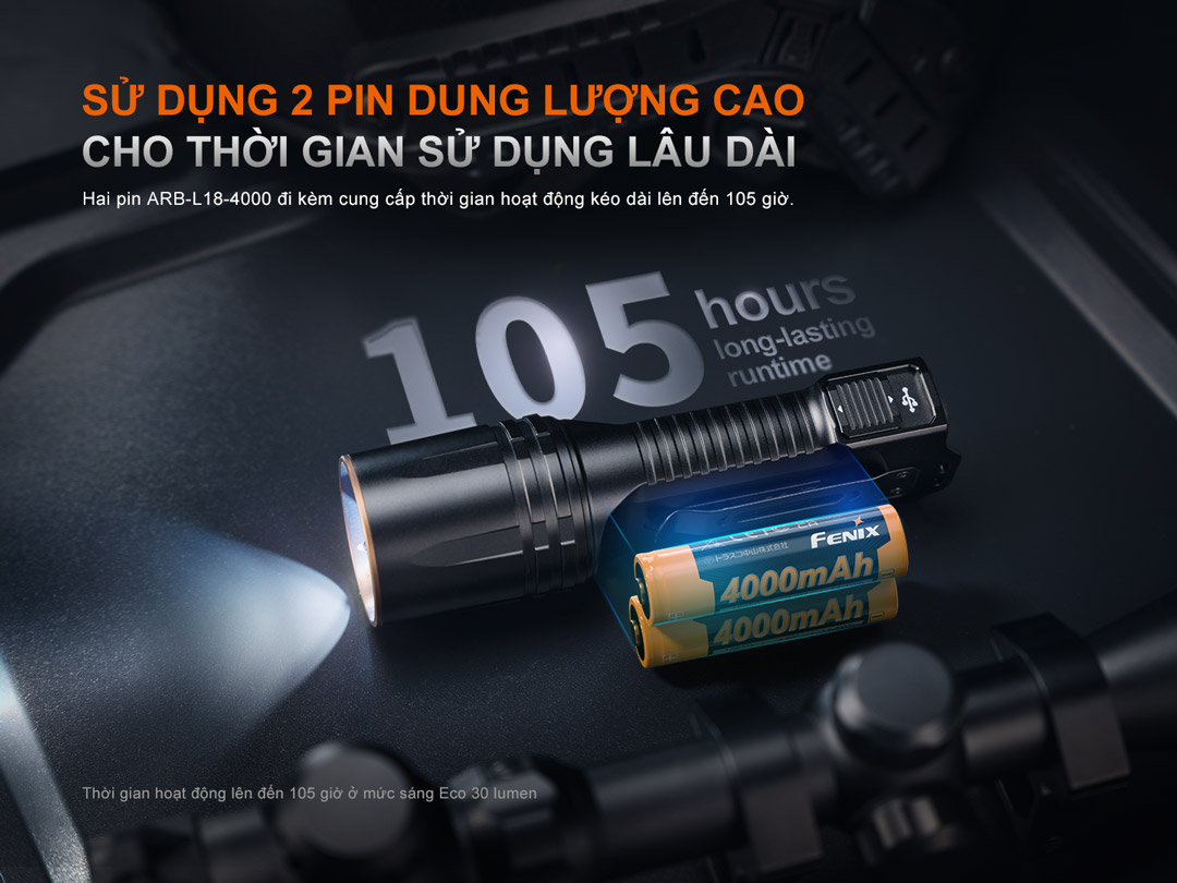 Fenix TK35R sử dụng 2 pin 18650 dung lượng cao 4000mAh, cho thời gian sử dụng lên đến 105 giờ ở chế độ Eco – lý tưởng cho hoạt động dài ngày ngoài trời.