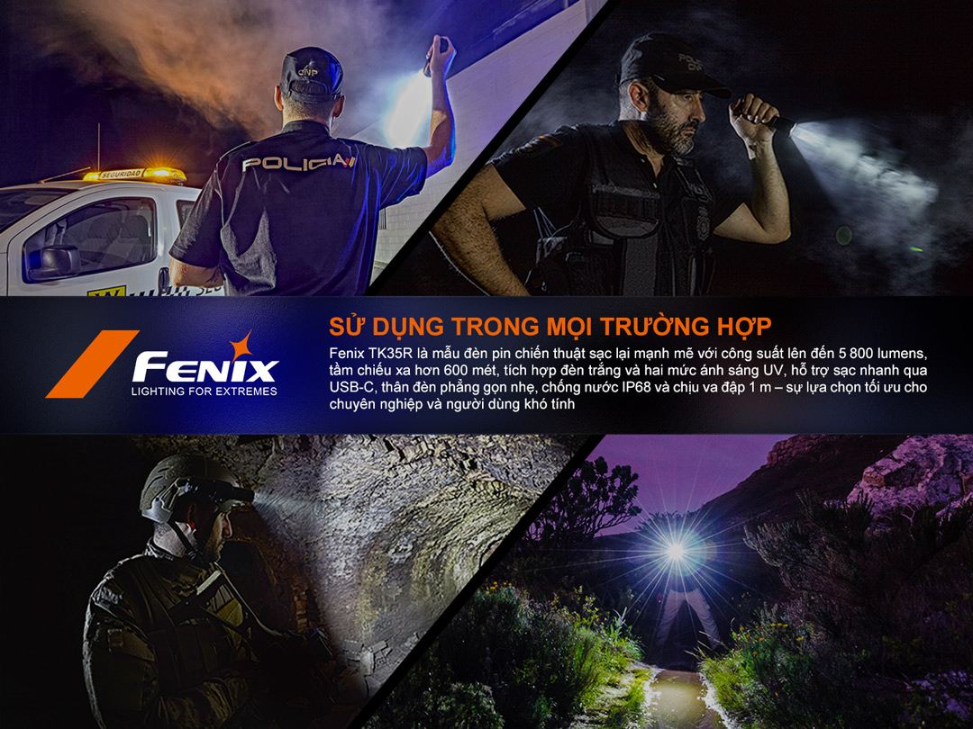 Fenix TK35R – đèn pin chiến thuật mạnh mẽ 5800 lumen, chiếu xa 610m, chống nước IP68, chịu rơi 1m, thích hợp sử dụng chuyên nghiệp trong mọi môi trường và điều kiện thời tiết.