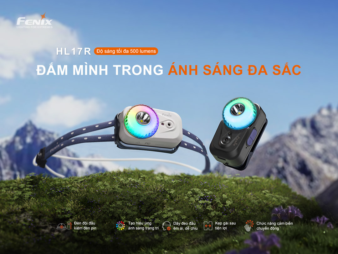 đèn đội đầu Fenix HL17R 500 lumens, ánh sáng đa màu RGB, tạo hiệu ứng trang trí, cảm biến chuyển động