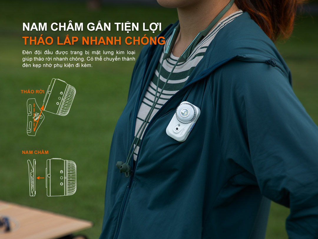 Fenix HL17R gắn nam châm, tháo lắp nhanh, chuyển đổi linh hoạt giữa đèn đội đầu và đèn kẹp áo