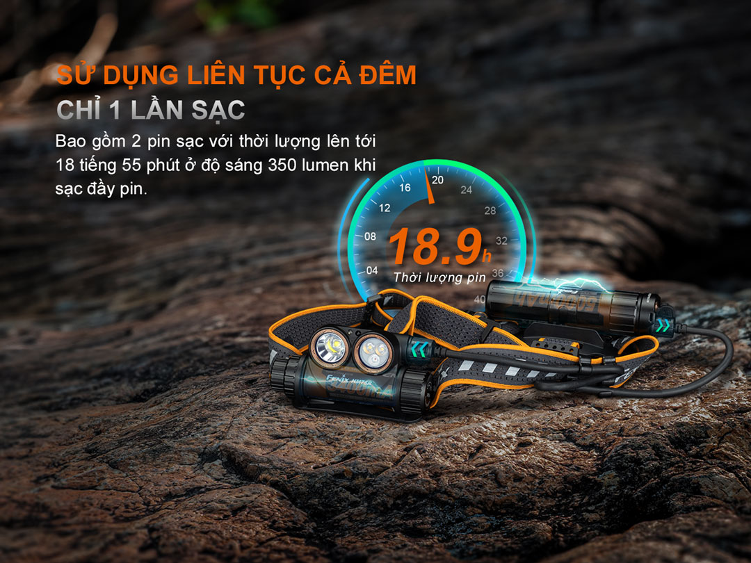 Đèn pin FENIX HM75R - thời lượng sử dụng đèn lên tới 18 tiếng 55 phút