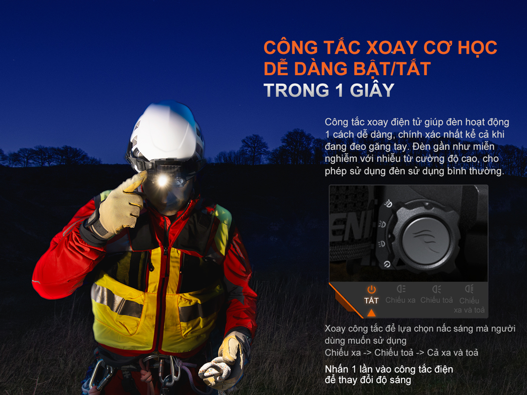 Đèn đội đầu FENIX HP35R dùng công tắc xoay sử dụng dễ dàng