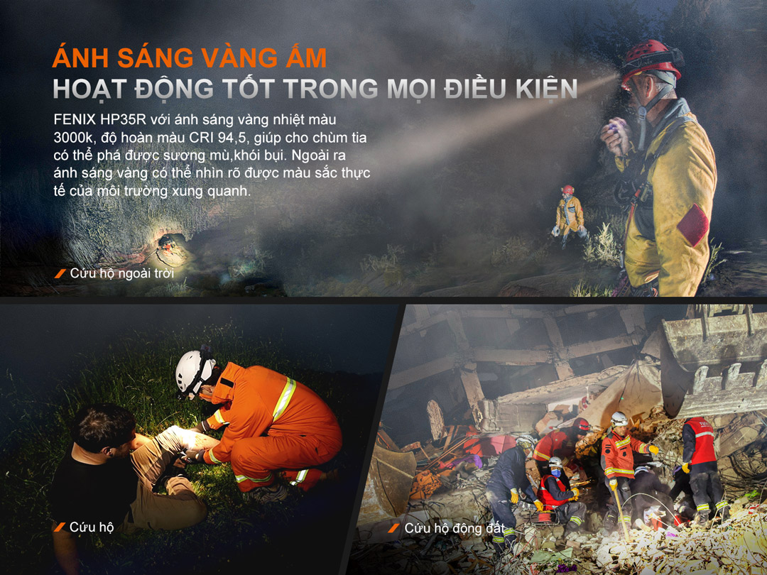 Đèn đội đầu FENIX HP35R sử dụng ánh sáng vàng trong trường hợp đặc biệt