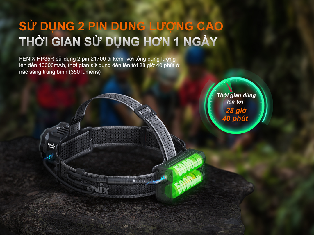 Sử dụng 2 pin sạc 21700 dung lượng 5000mAh tổng thời gian sử dụng lên đến 28 tiếng 40 phút