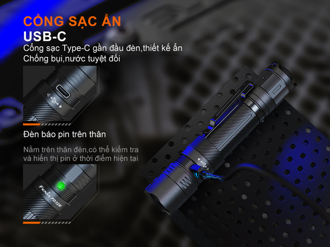 đèn pin fenix pd32r có công tắc ẩn usb-c