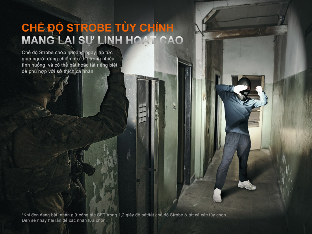 Đèn pin Fenix PD35R ACE với chế độ Strobe tùy chỉnh, giúp người dùng làm chủ tình huống tự vệ trong môi trường tối, mang lại sự linh hoạt cao.