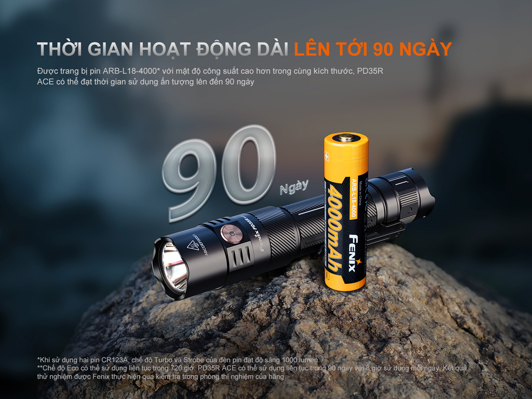 Đèn pin Fenix PD35R ACE trang bị pin 4000mAh, cho thời gian sử dụng tối đa lên tới 90 ngày ở chế độ Eco – lý tưởng cho người dùng cần hiệu suất pin vượt trội.