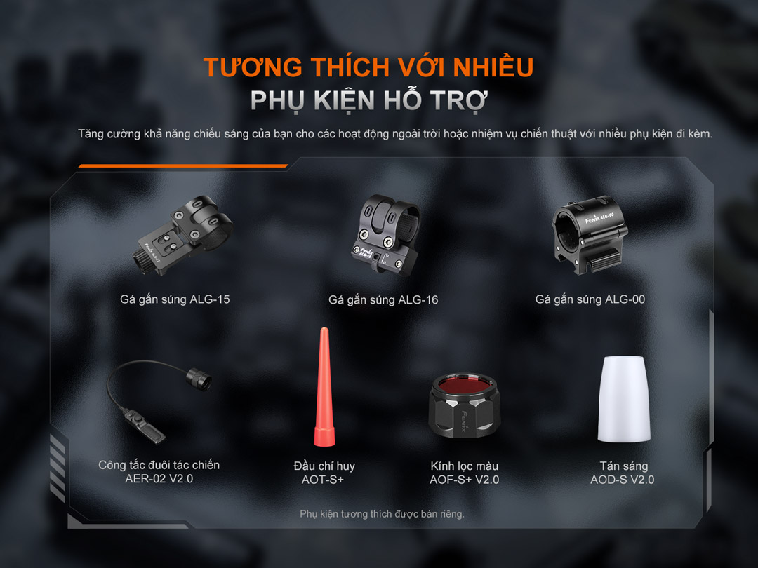 Đèn pin Fenix PD35R ACE tương thích với nhiều phụ kiện hỗ trợ như gá gắn, công tắc từ xa, đầu chỉ huy, kính lọc màu và tản sáng – phù hợp cho cả nhiệm vụ chiến thuật và hoạt động ngoài trời.