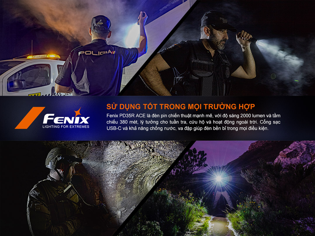 Fenix PD35R ACE – đèn pin chiến thuật đa năng, chiếu xa 380m, độ sáng 2000 lumen, hoạt động tốt trong mọi điều kiện từ tuần tra, cứu hộ đến dã ngoại, với sạc USB-C, khả năng chống nước và chống va đập vượt trội.