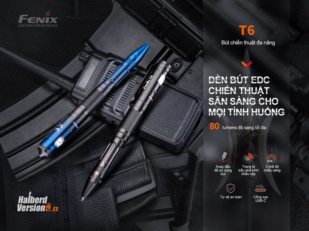 Bút đèn chiến thuật Fenix T6 công suất 80 lumens, tích hợp đầu phá kính, cổng sạc USB-C, 3 chế độ chiếu sáng, thiết kế EDC tiện dụng.