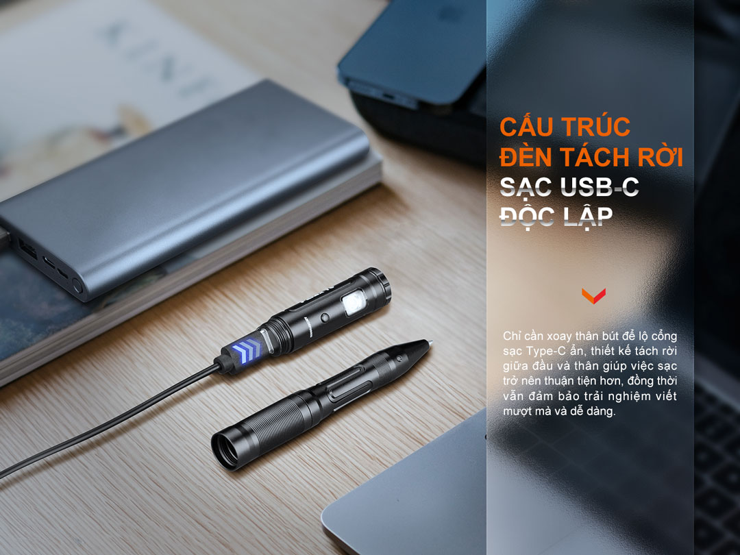 Bút Fenix T6 có thiết kế tách rời phần đèn và thân bút, sạc trực tiếp qua cổng USB-C ẩn, vừa tiện dụng vừa đảm bảo thẩm mỹ.