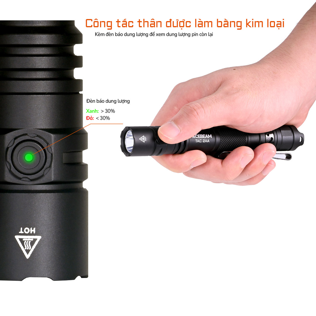 Công tắc thân đèn được làm bằng kim loại kèm theo đèn báo pin