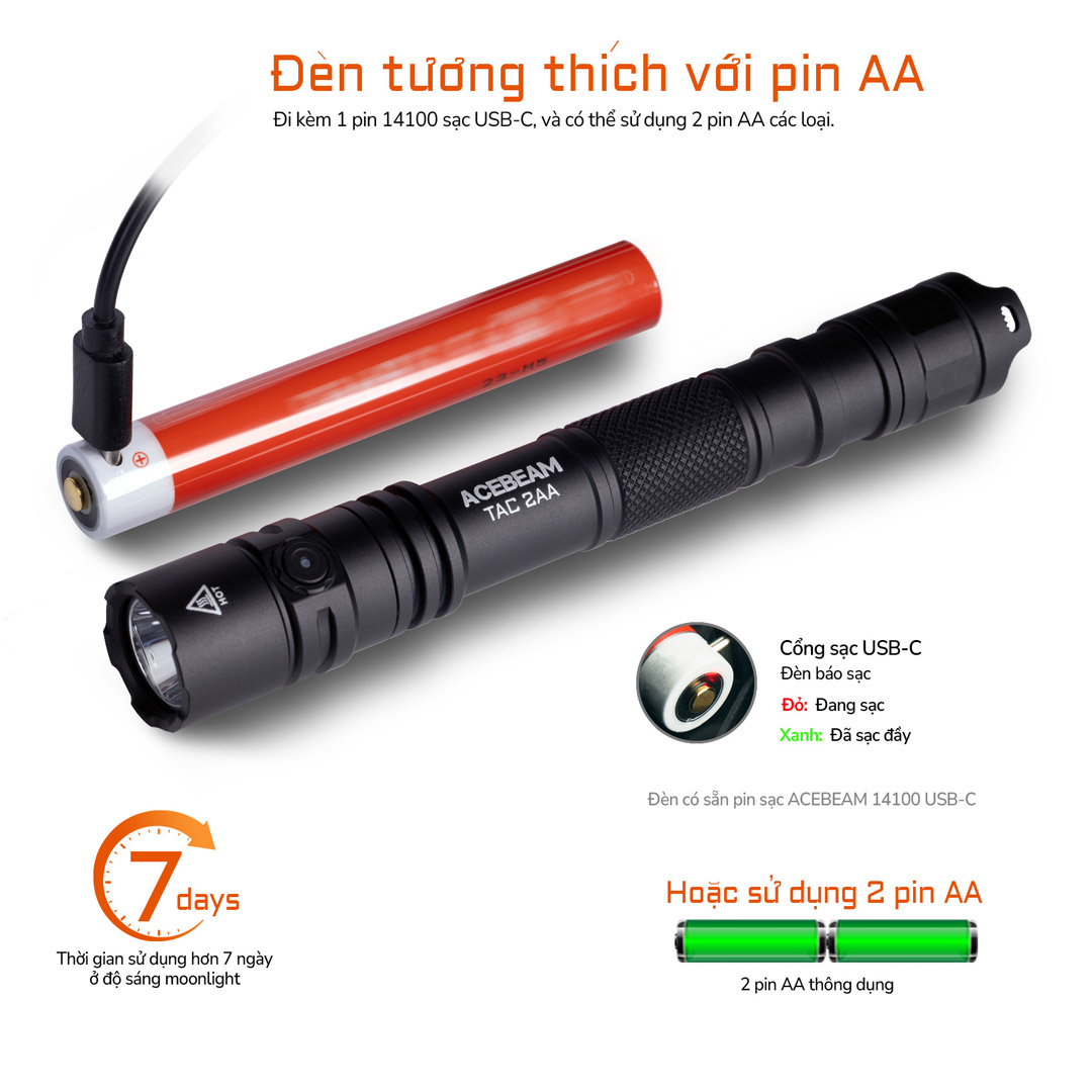 Sử dụng 1 pin 14100 dung lượng 1600mah và tương thích với 2 pin AA