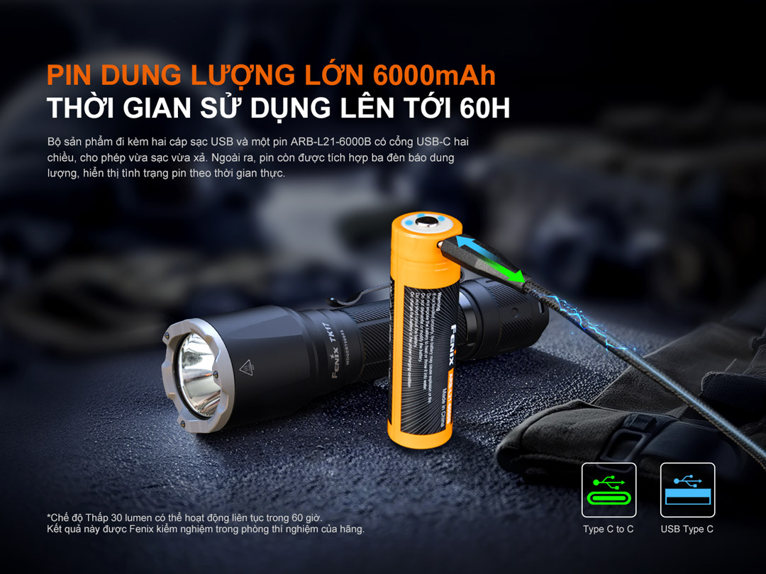 Đèn pin Fenix dùng pin sạc USB-C dung lượng lớn 6000mAh