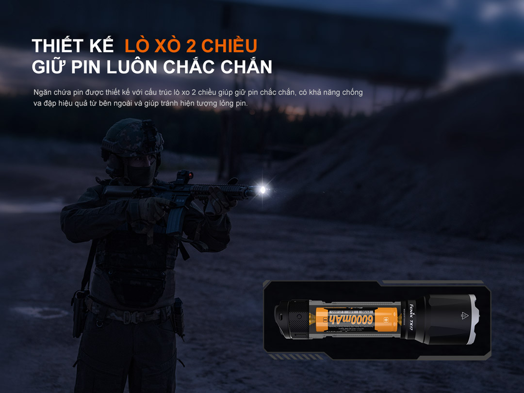 Thiết kế lò xo 2 chiều giúp pin đèn pin Fenix luôn cố định, chống va đập.