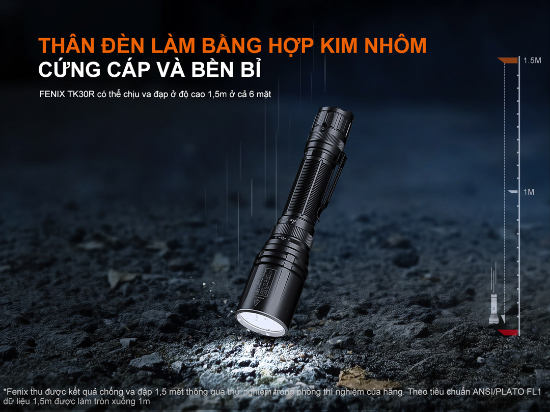 Đèn được làm bằng hợp kim nhôm cứng cáp và bển bỉ, chống va đập 1,5m