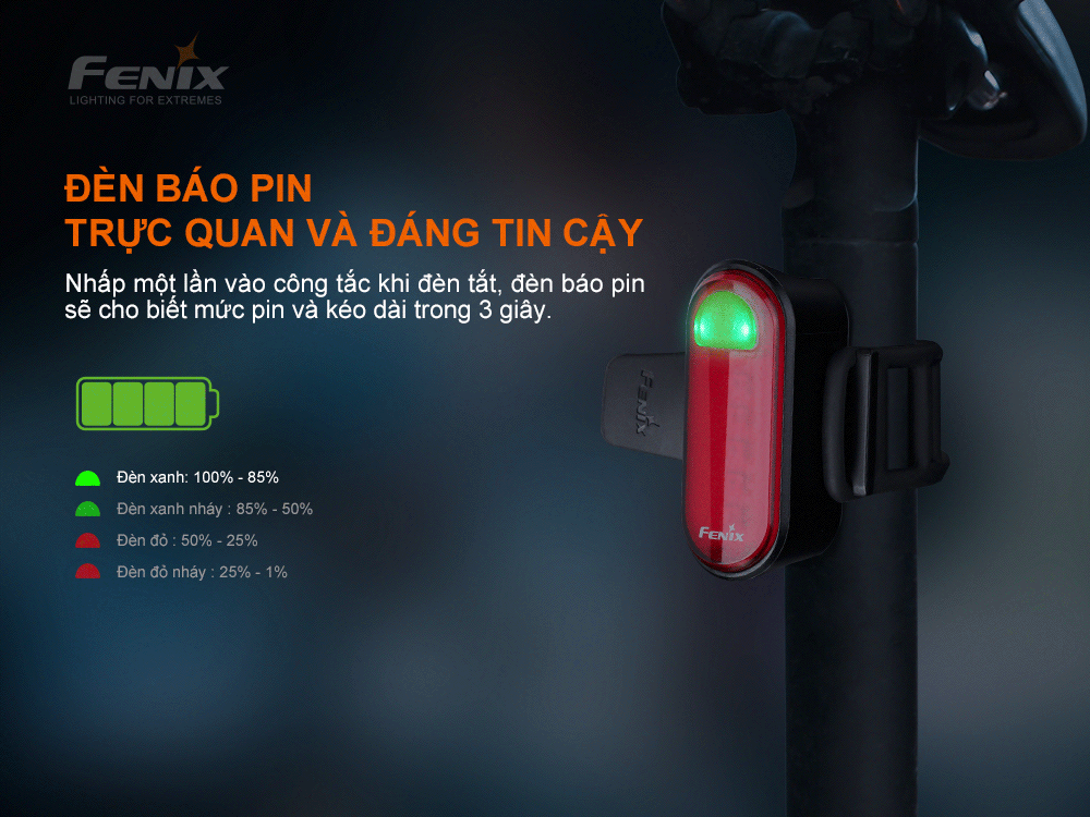 Đèn hậu xe đạp dùng pin Fenix BC05R V2 được trang bị đèn báo pin
