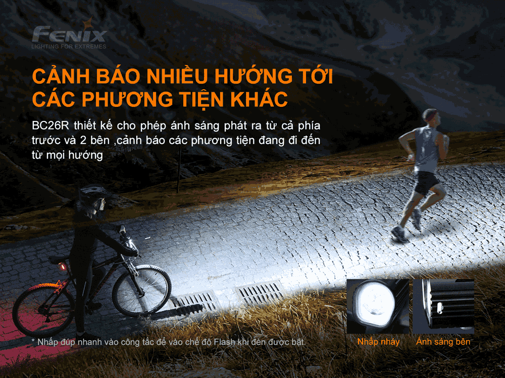 Đèn pin xe đạp Fenix BC26R có thể phát sáng từ phía trước và 2 bên