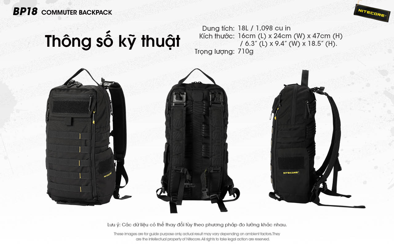 Thông số đầy đủ về dung tích 18L, kích thước, trọng lượng và thiết kế của balo NITECORE BP18.