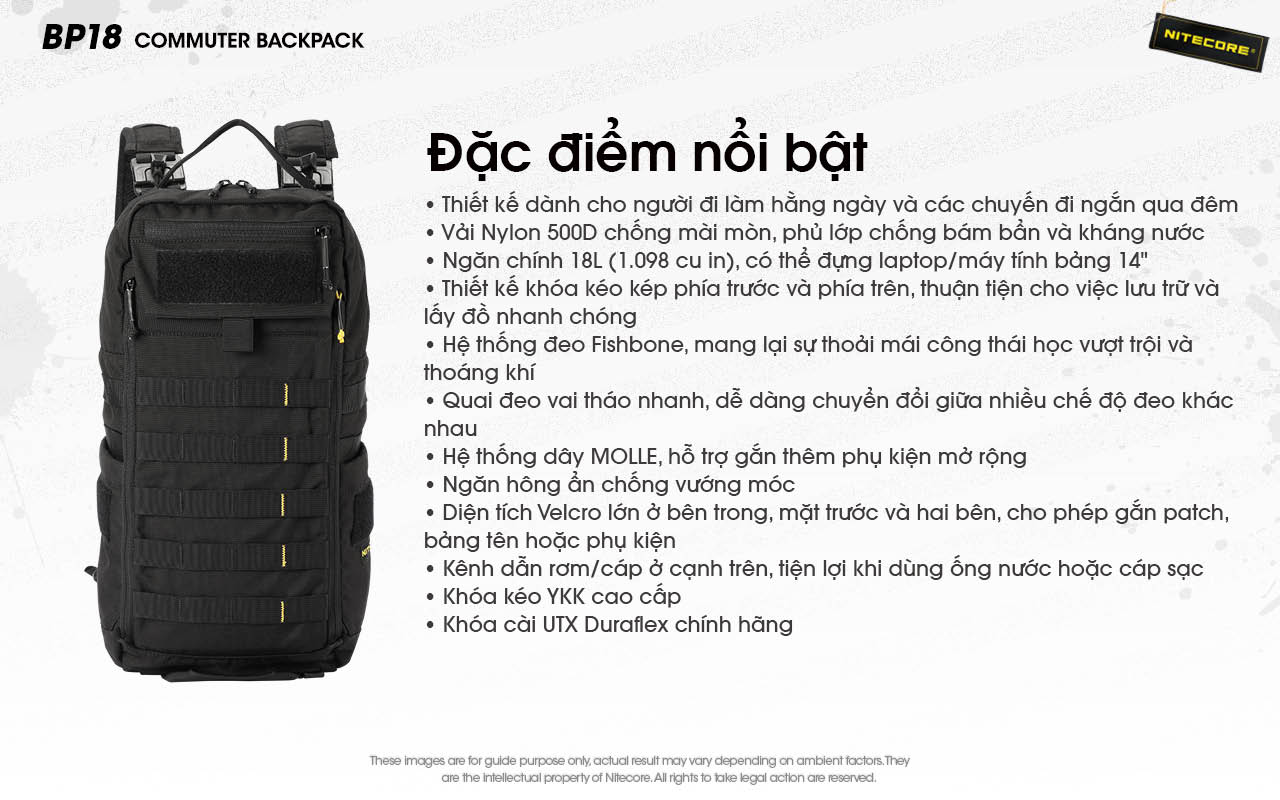 Tổng hợp các ưu điểm nổi bật như vải Nylon 500D, MOLLE, Fishbone, khóa YKK và khoang laptop 14 inch.