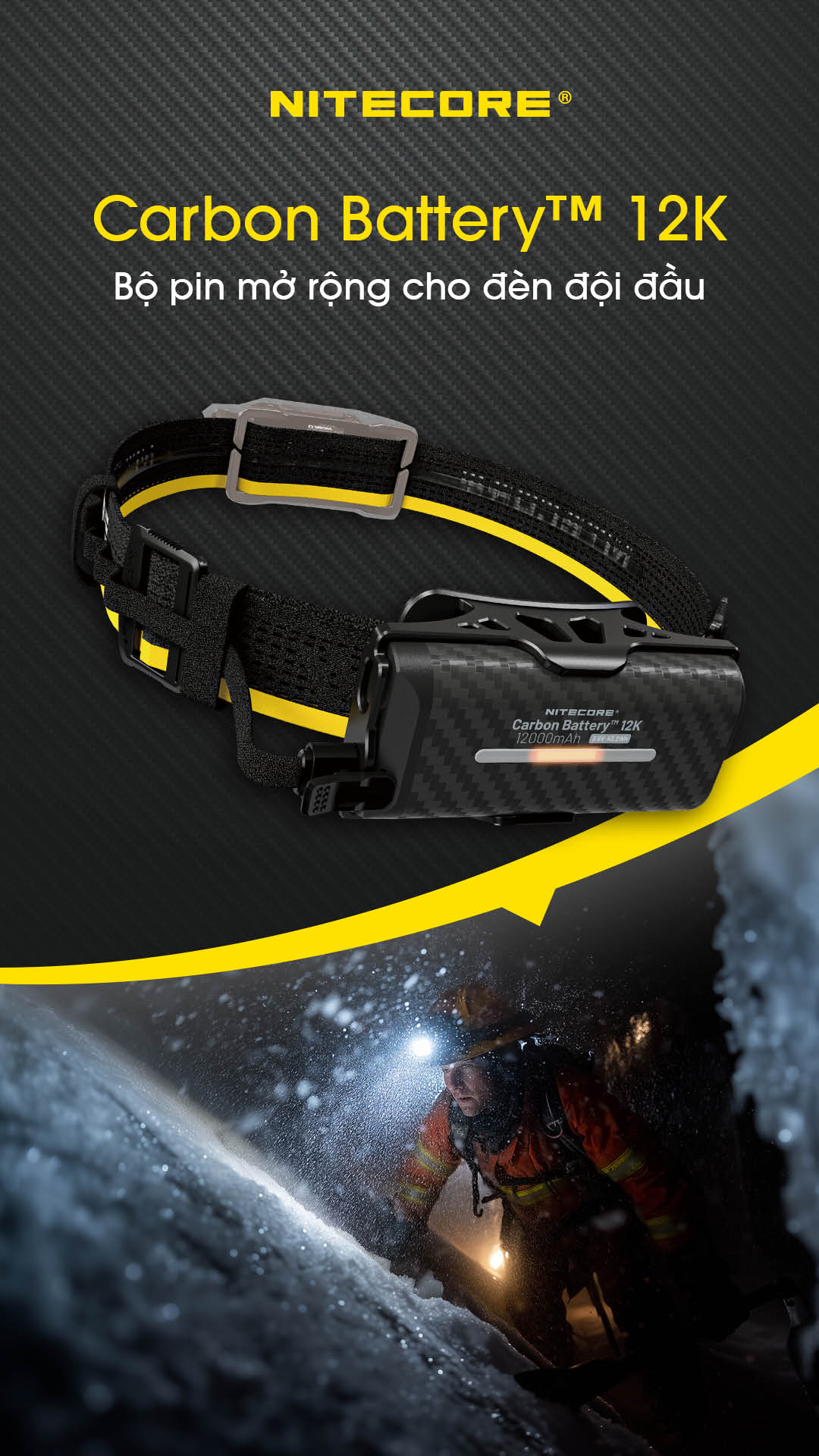 Pin mở rộng Nitecore Carbon Battery 12K dung lượng 12000mAh, thiết kế sợi carbon siêu nhẹ, hỗ trợ đèn đội đầu Nitecore chuyên dụng.