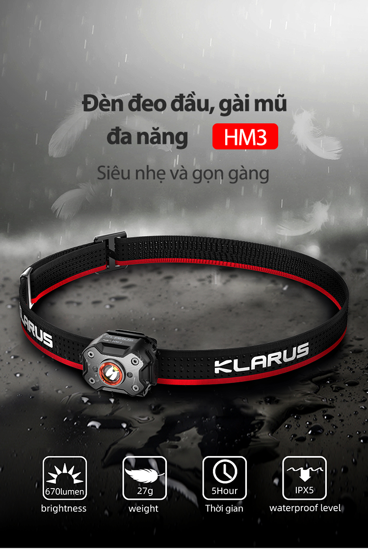 Đèn pin đeo đầu gài mũ siêu nhẹ KLARUS HM3
