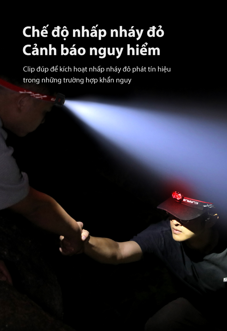 Đèn pin đeo đầu gài mũ siêu nhẹ KLARUS HM3 chế độ cảnh báo