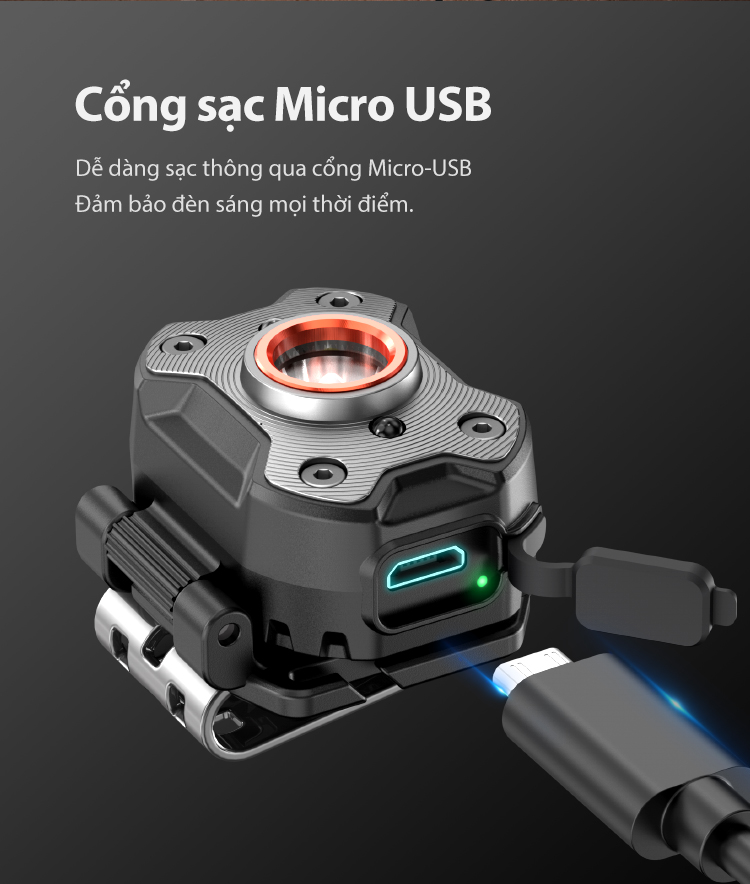 Cổng sạc của Đèn pin đeo đầu gài mũ siêu nhẹ KLARUS HM3