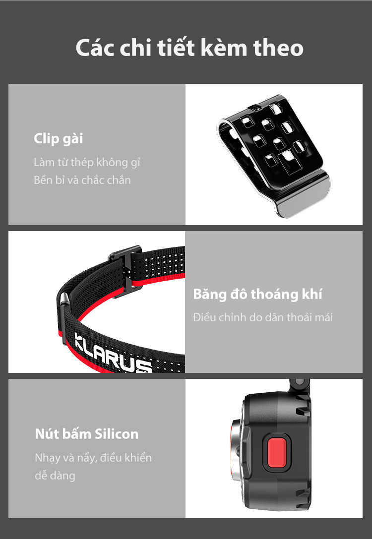 chi tiết của đèn Đèn pin đeo đầu gài mũ siêu nhẹ KLARUS HM3