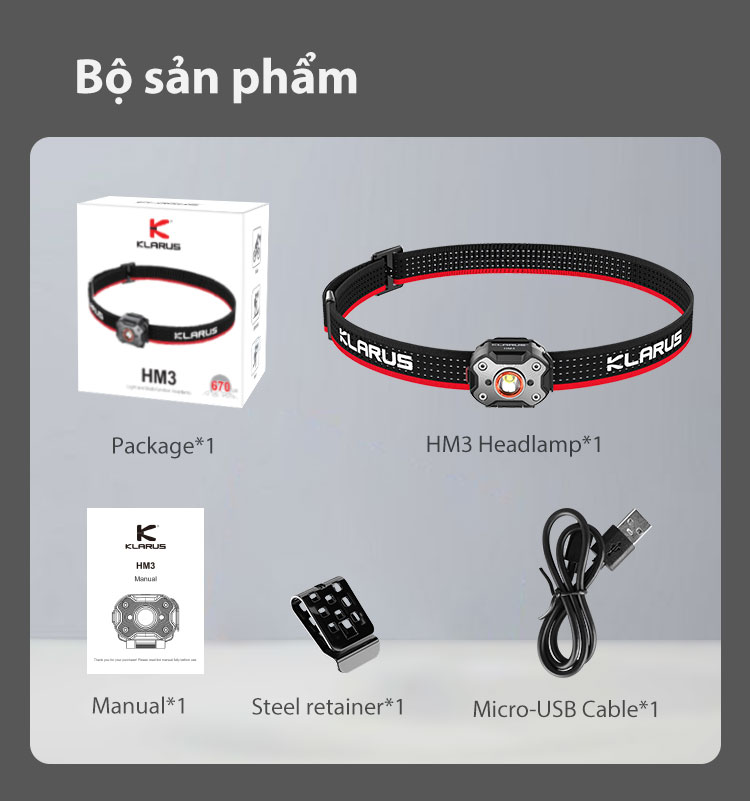 Bộ sản phẩm của Đèn pin đeo đầu gài mũ siêu nhẹ KLARUS HM3