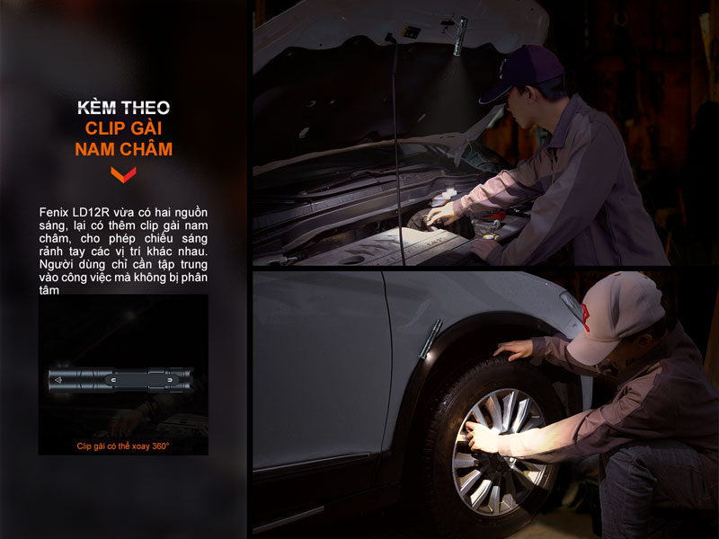 Clip cài tích hợp nam châm, giúp người dùng rảnh tay khi sử dụng đèn.