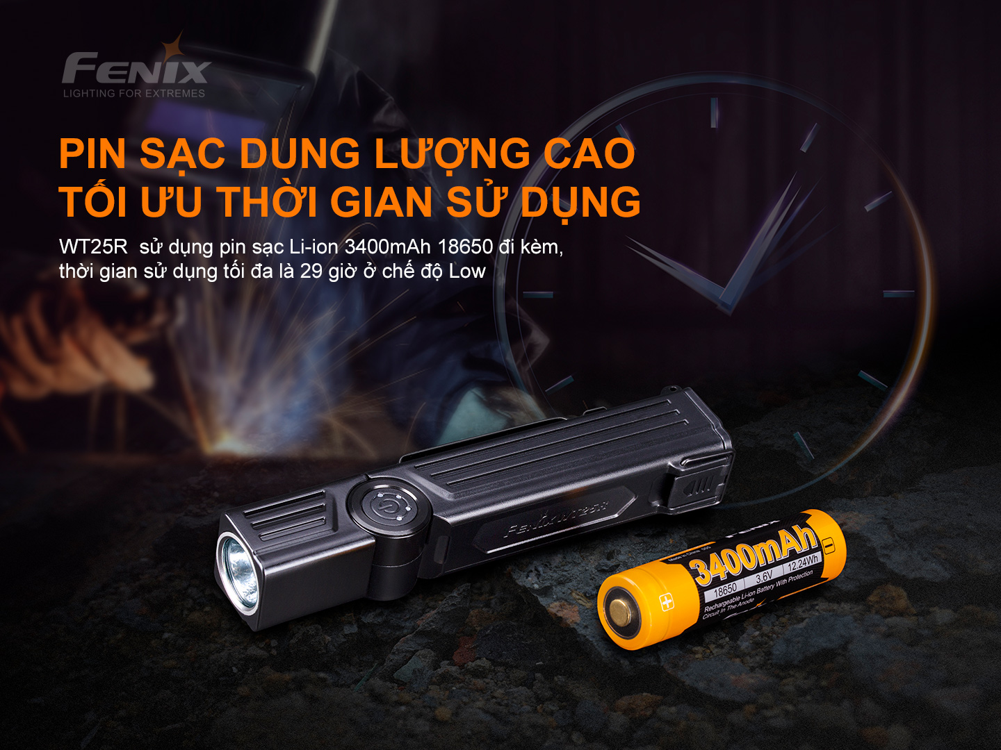 WT25R sử dụng pin sạc dung lượng cao 3400mAh