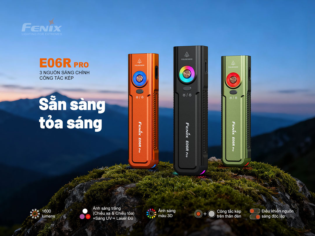 Fenix E06R Pro đèn pin EDC nhỏ gọn, 3 nguồn sáng chính gồm ánh sáng trắng, UV và laser đỏ, công tắc kép tiện dụng, độ sáng 1600 lumens.