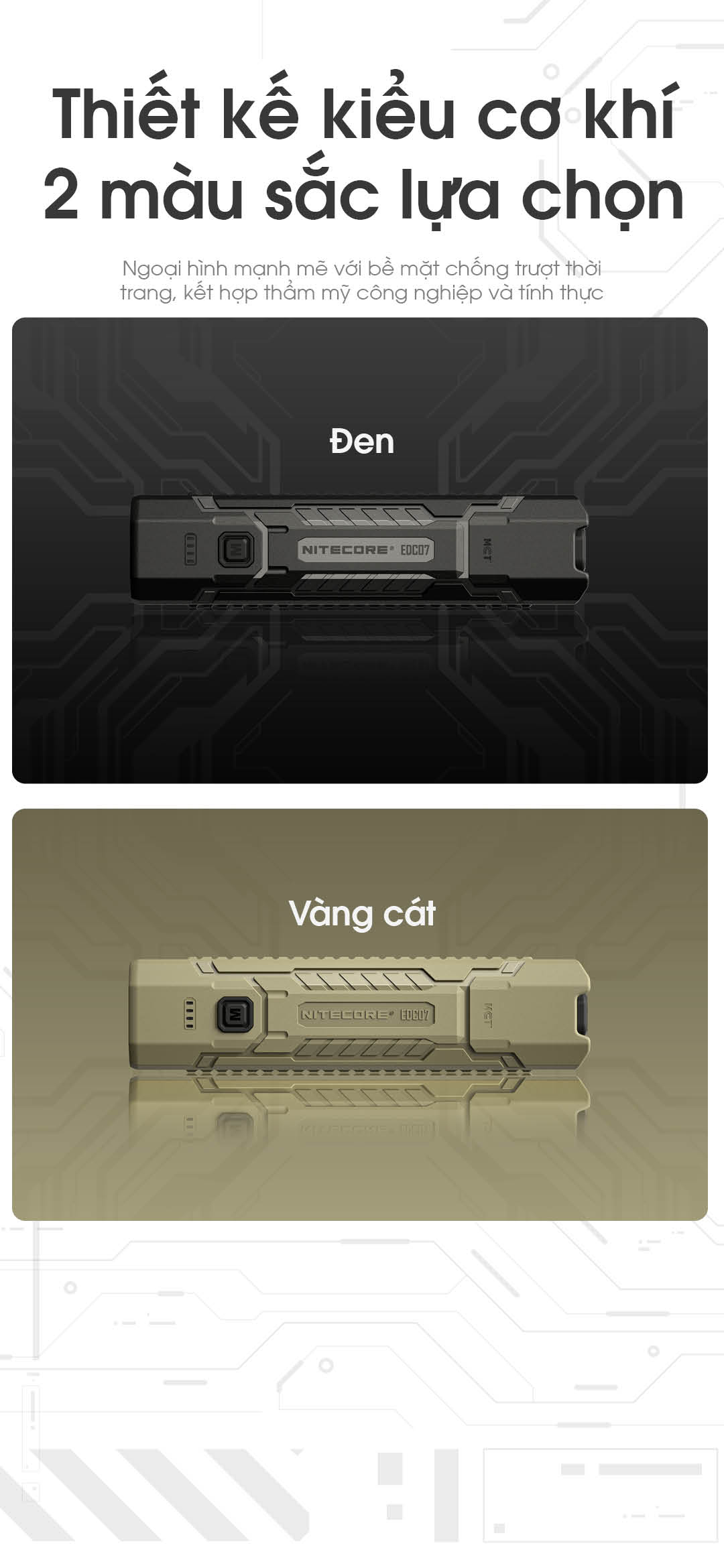 Phiên bản Đen mạnh mẽ. Phiên bản Vàng cát cá tính. Thiết kế cơ khí hiện đại, bề mặt chống trượt thẩm mỹ công nghiệp.