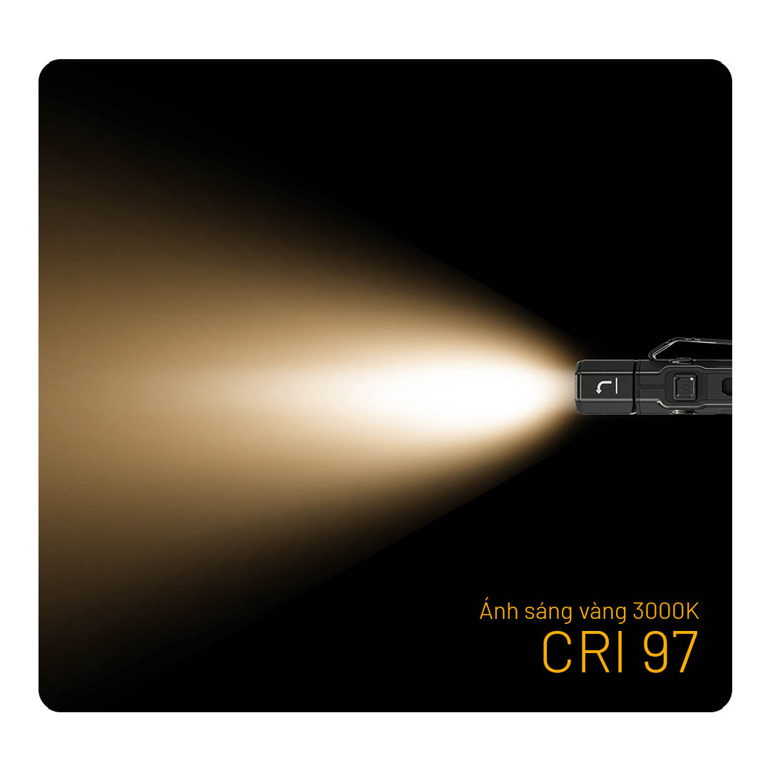 Nitecore EDC09 cung cấp ánh sáng vàng 3000K CRI 97 giúp nhận diện vật thể chân thực, phù hợp môi trường sương mù hoặc mưa