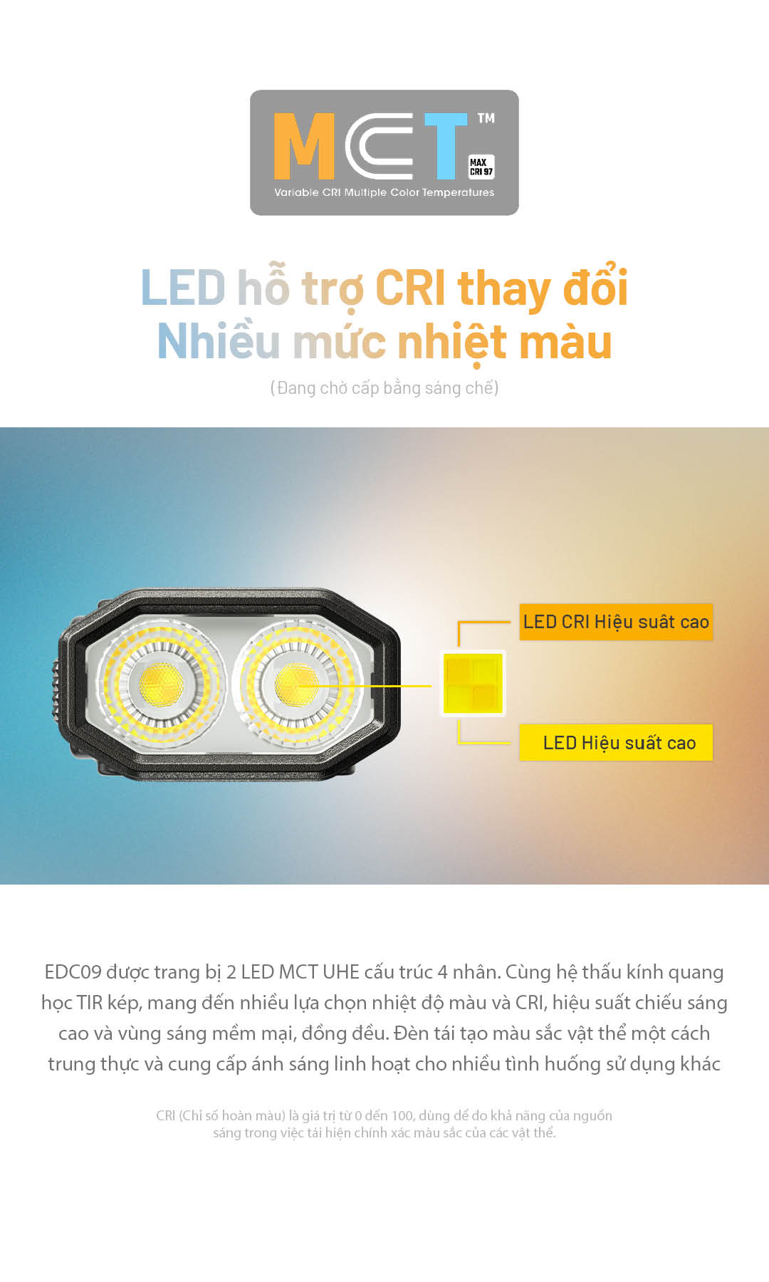 Nitecore EDC09 sử dụng 2 LED MCT UHE 4 nhân với CRI linh hoạt, hiệu suất cao và hệ thấu kính TIR cho ánh sáng đều và mềm mại