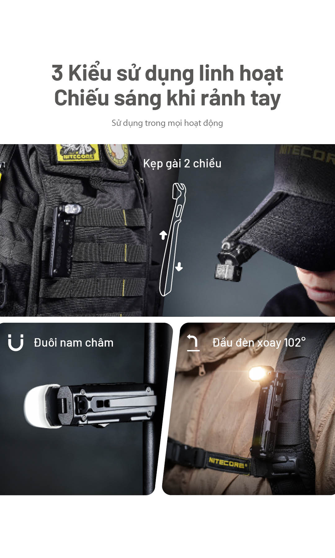 Nitecore EDC09 có kẹp gài hai chiều, đuôi nam châm và đầu xoay 102°, cho phép cố định đèn khi làm việc rảnh tay tiện lợi