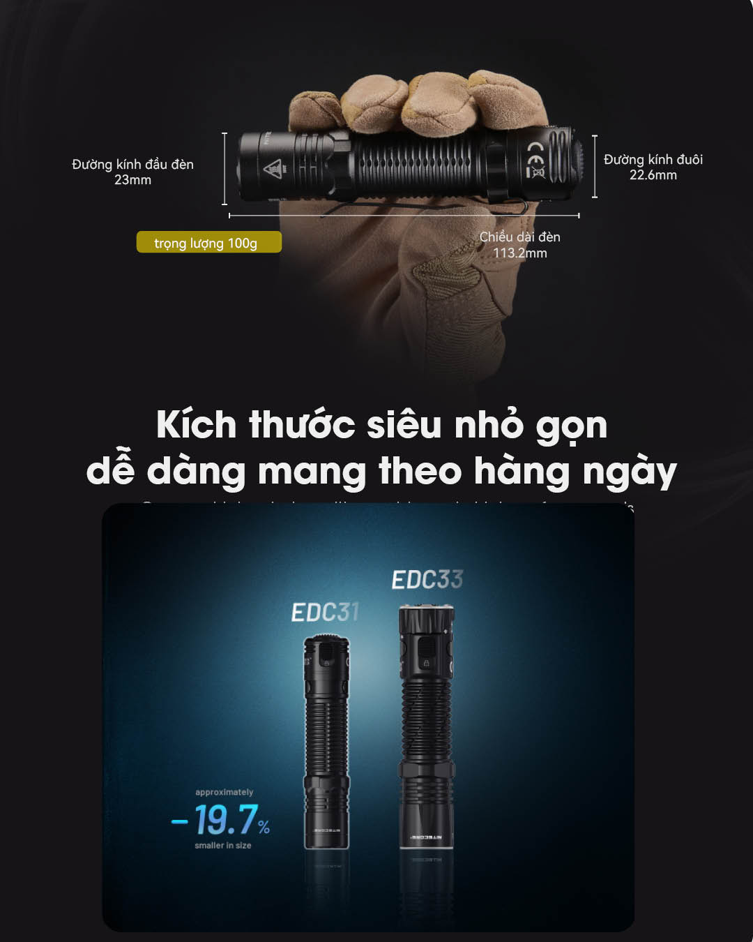 Kích thước đèn nhỏ gọn dễ dàng mang theo sử dụng hàng ngày