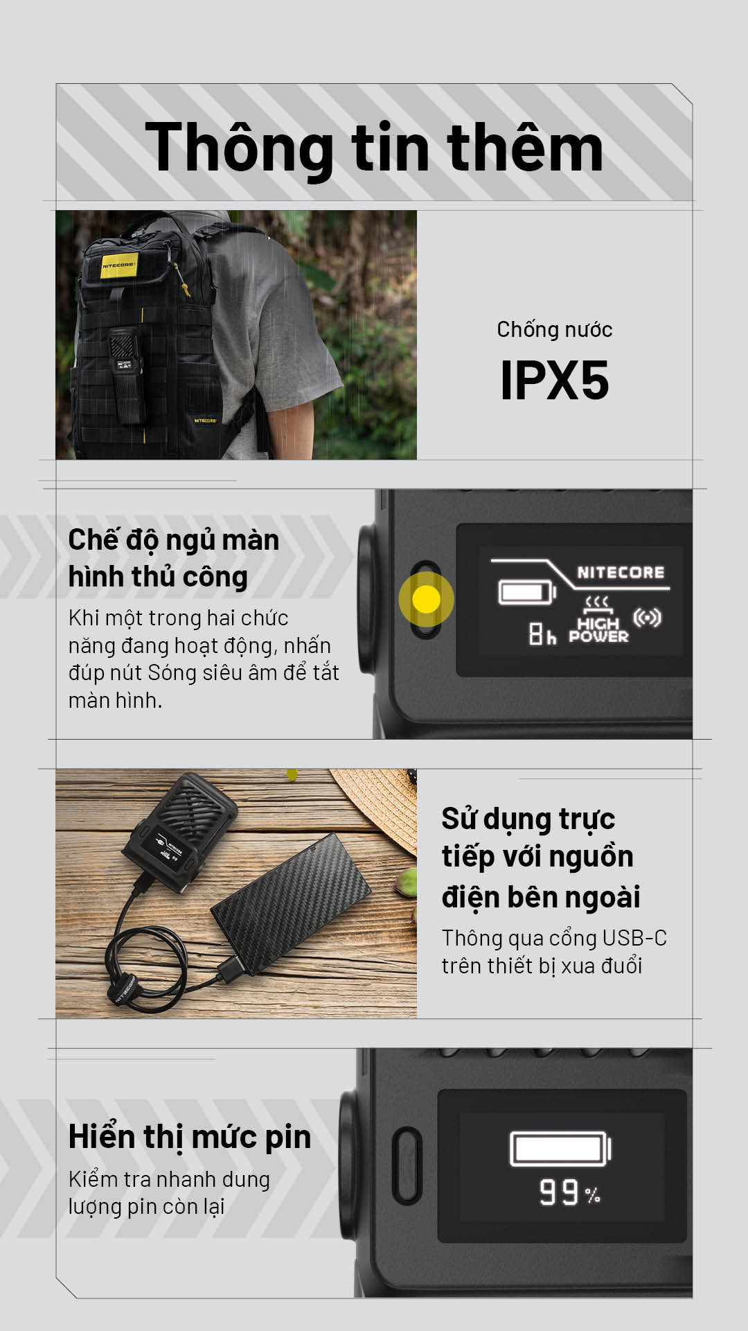 máy đuổi muỗi điện tử Nitecore EMR25 chống nước IPX5, hiển thị pin, hỗ trợ nguồn ngoài, chế độ tắt màn hình thủ công