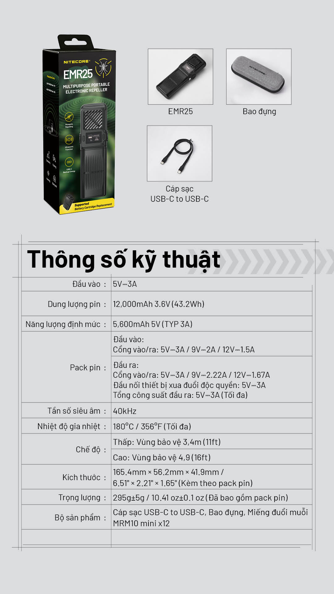 thông số kỹ thuật Nitecore EMR25, pin 12000mAh, tần số siêu âm 40kHz, chống nước IPX5, vùng bảo vệ 11–16ft