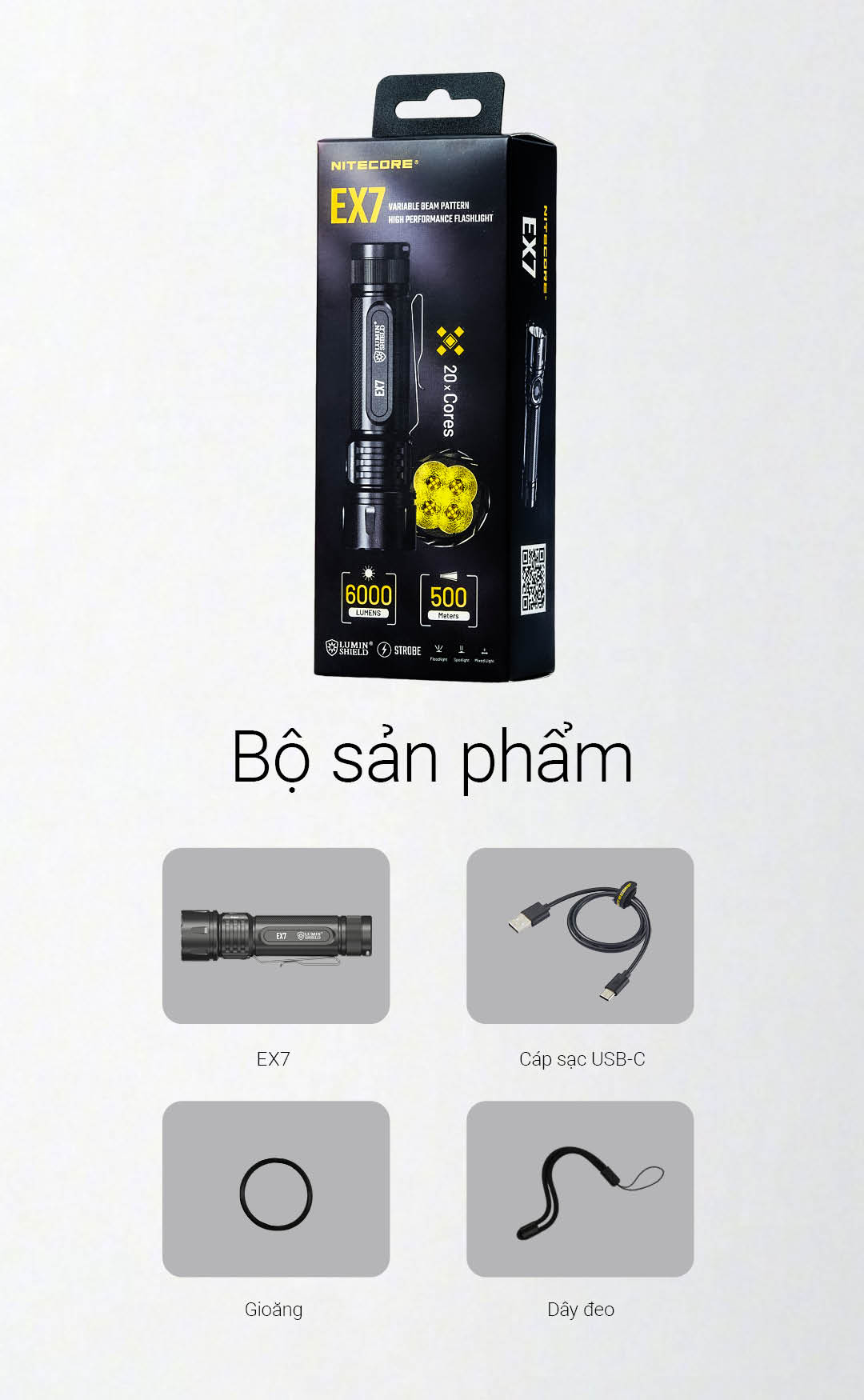Bộ sản phẩm gồm đèn pin EX7, cáp sạc USB-C, gioăng dự phòng và dây đeo chính hãng NITECORE.
