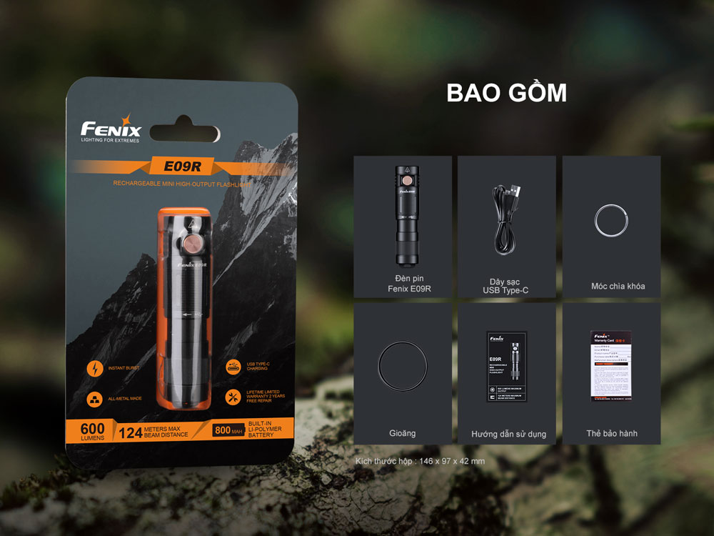 bộ sản phẩm đèn pin mini móc khóa fenix e09r