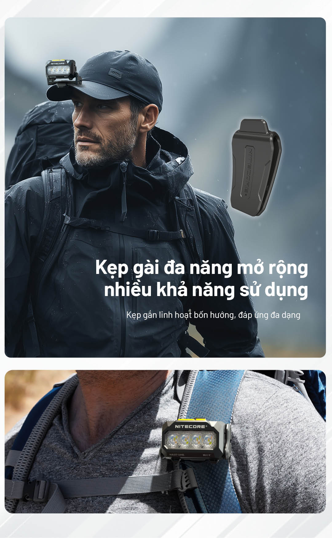 HA27 UHE có kẹp gài linh hoạt 4 hướng, gắn được trên mũ, ba lô hoặc áo khoác, phù hợp cho leo núi, đi rừng và công việc kỹ thuật.