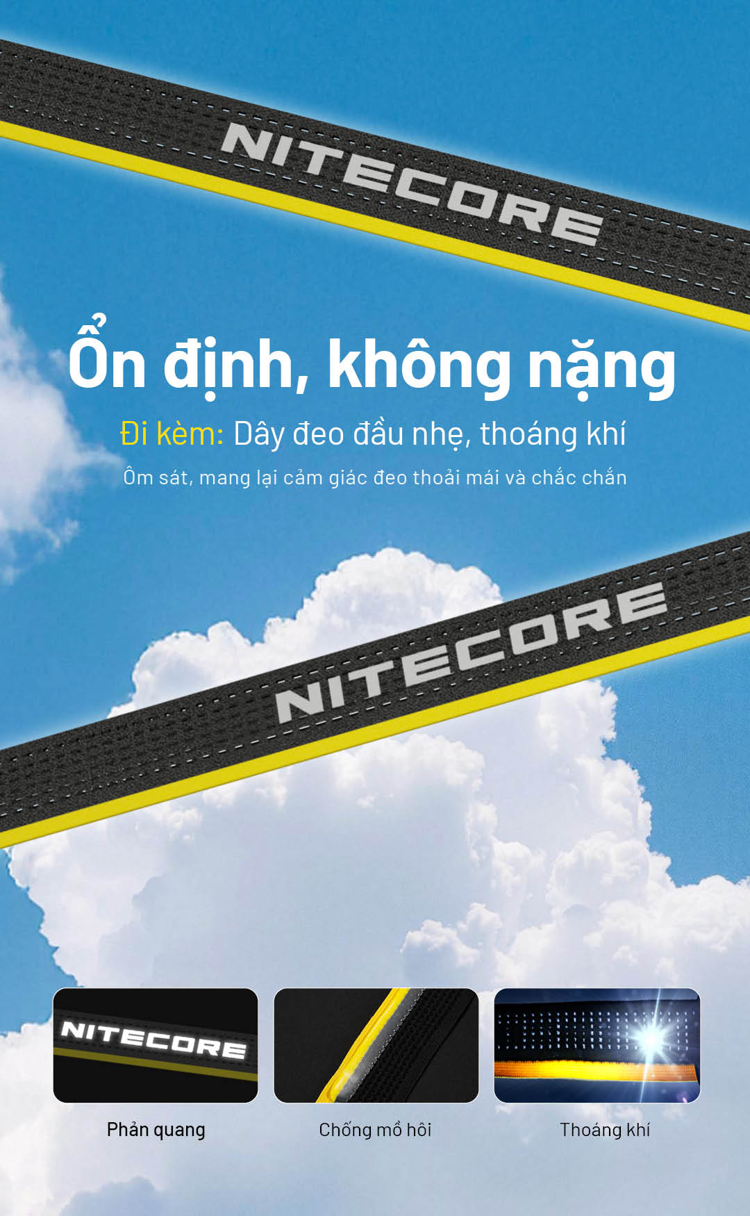 Dây đeo NITECORE HA27 UHE chống mồ hôi, thoáng khí, có phản quang giúp đeo thoải mái, chắc chắn và an toàn trong đêm.