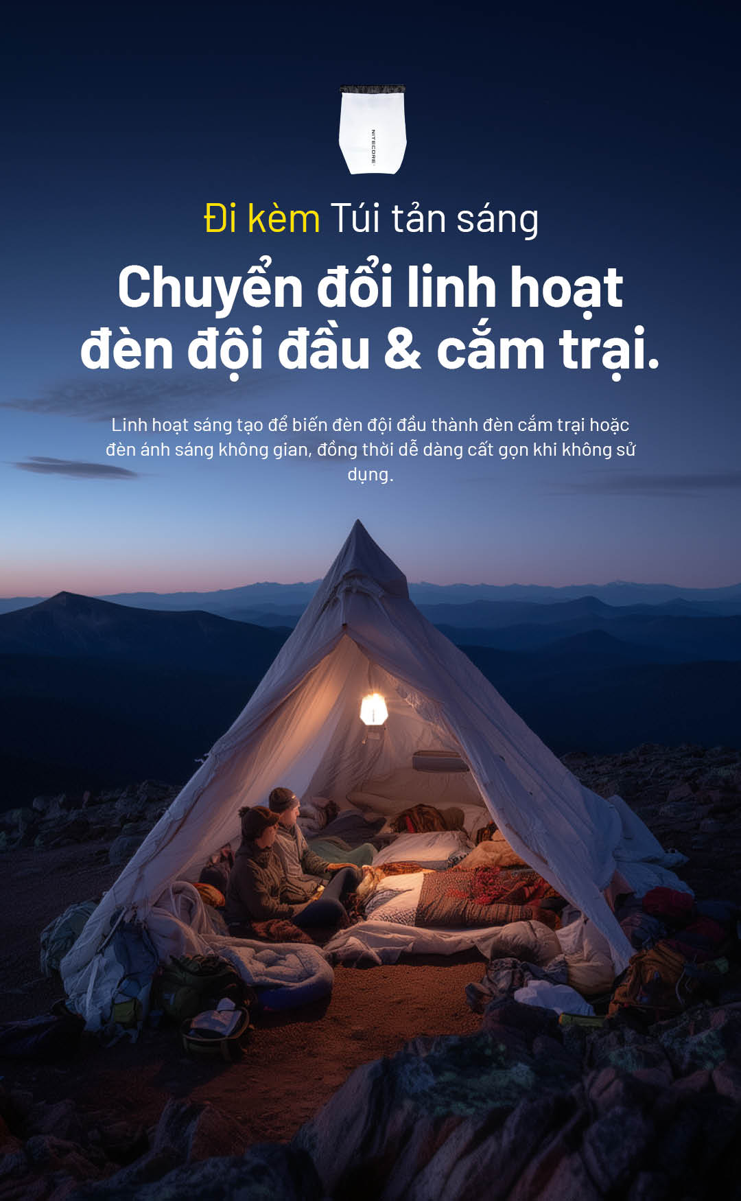 HA27 UHE đi kèm túi tán sáng, biến đèn đội đầu thành đèn trại hoặc đèn không gian, tiện lợi mang theo khi dã ngoại, leo núi.