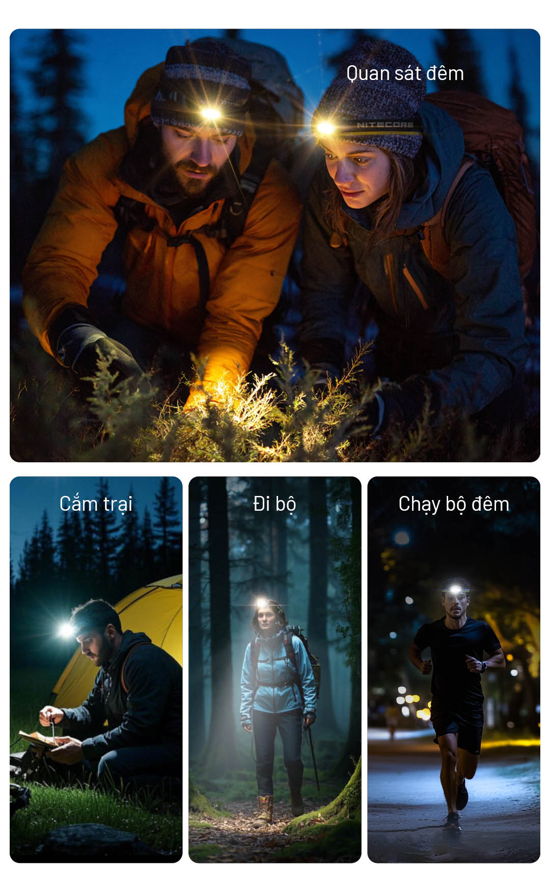 Đèn đội đầu NITECORE HA27 UHE lý tưởng cho cắm trại, đi bộ đêm, chạy trail và quan sát ban đêm nhờ ánh sáng mạnh, tỏa đều, dễ điều chỉnh.