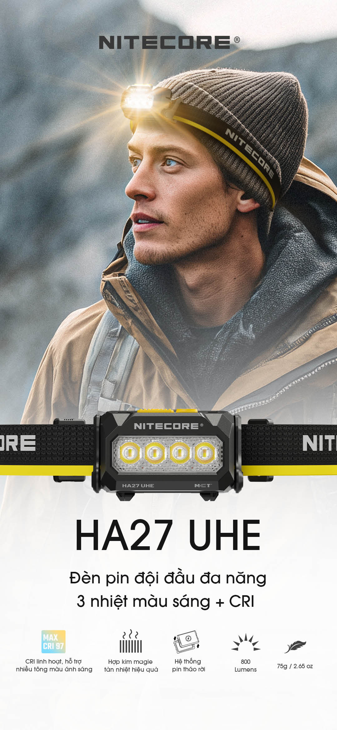 Đèn đội đầu NITECORE HA27 UHE với 3 nguồn sáng và chỉ số CRI cao, thân magie tản nhiệt, pin tháo rời, độ sáng tối đa 800 lumen, nặng chỉ 75g.