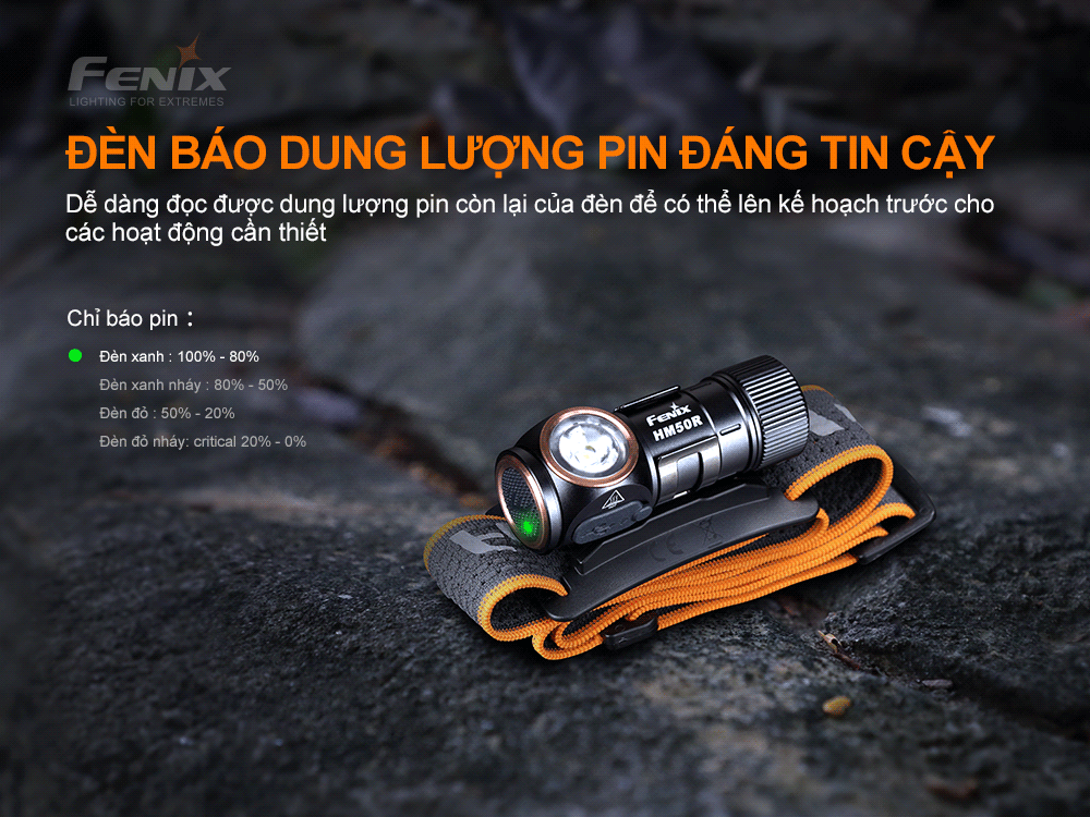 Đèn pin đội đầu Fenix HM50R V2.0 trang bị đèn báo dung lượng pin