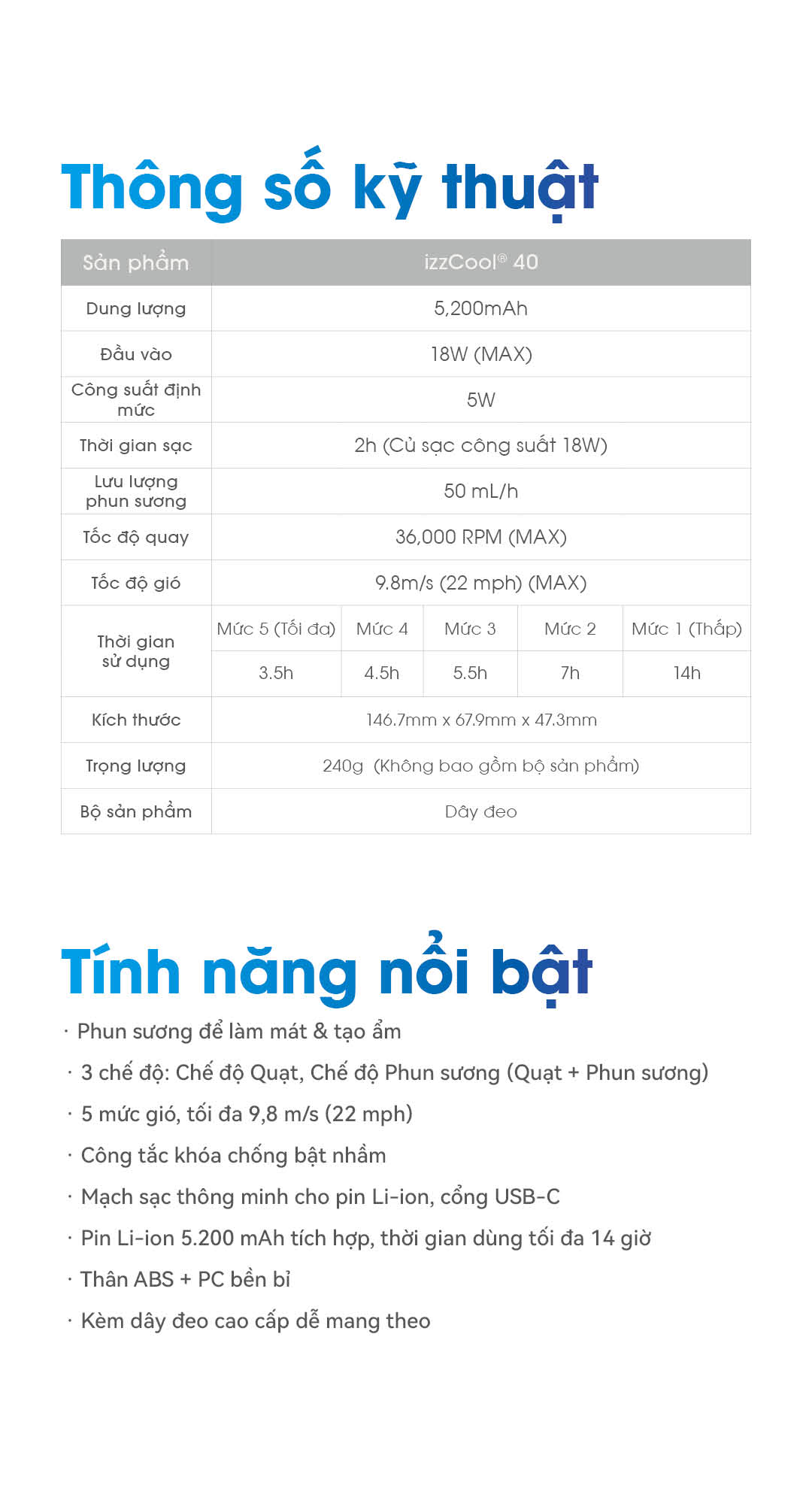 Bảng thông số kỹ thuật và các tính năng nổi bật của quạt điều hòa cầm tay.